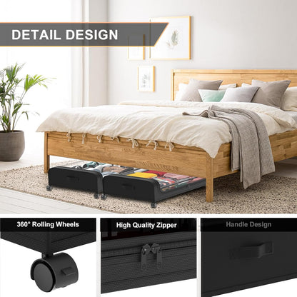 Under Bed Storage with Wheels, 2 Pack Under Bed Storage Containers with Dividers & Clear Lids, Under Underbed Storage with Wheels for Clothes (Black, 4 Pack)