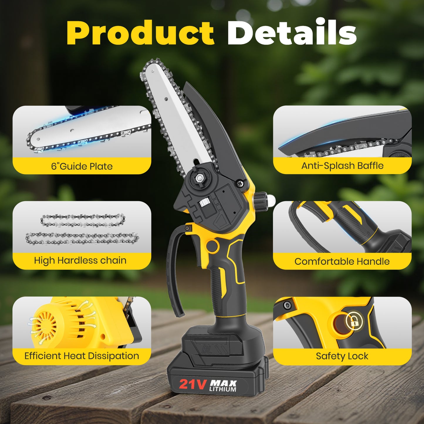 Mini Chainsaw Cordless, 6 inch & 4 inch Portable Electric Chainsaw with 2 Rechargeable Batteries and 3 Chains, for Tree Trimming Wood Cutting, Best Gifts for Father, Dad, Husband, Men, Yellow