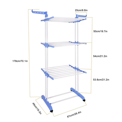 Clothes Drying Rack, 4-Tier Foldable Drying Rack for Clothes, Portable Laundry Rack with Wheels Indoor Outdoor Freestanding, Blue