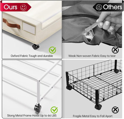 Under Bed Storage with Wheels: XXL Underbed Storage Containers with Lids - Rolling Bins for Shoes Clothes in Dorm Bedroom - Metal Drawers Easy Pull-out Beige 4-Pack