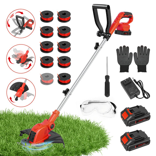 CATGOOD 2AH String Trimmer and Lawn Edger 2 in 1, 12" Cordless Weed Eater with Auto Line Feed, 10 Lines and 2 Batteries Contained, Red