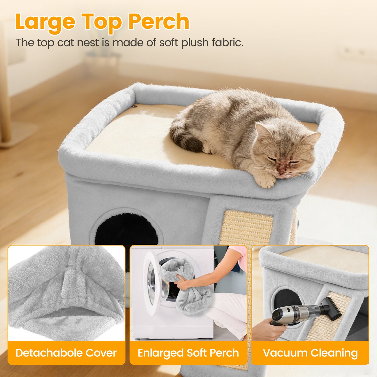 Cat Tree Tower with Perch Bed and Washable Top, Cat Tree with Sisal Scratching Posts, Condos, Plush Perches, Hanging Cat Toys, Extended Platform for Cats to Play and Sleep, Gray