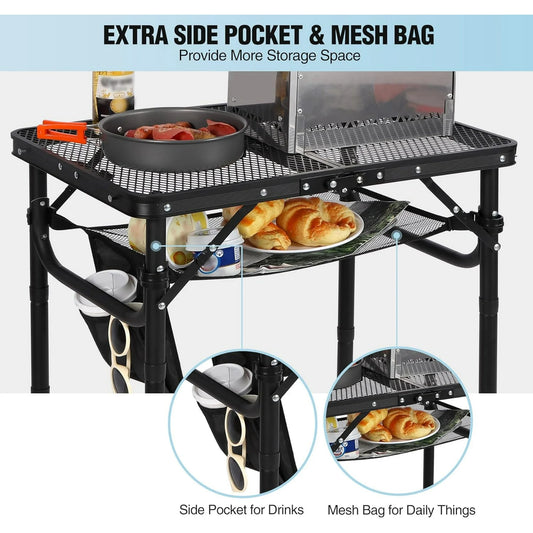 Folding Grill Table Aluminum Portable Grill Stand Table for Outdoor Camping Picnic BBQ Lightweight Adjustable Height Black