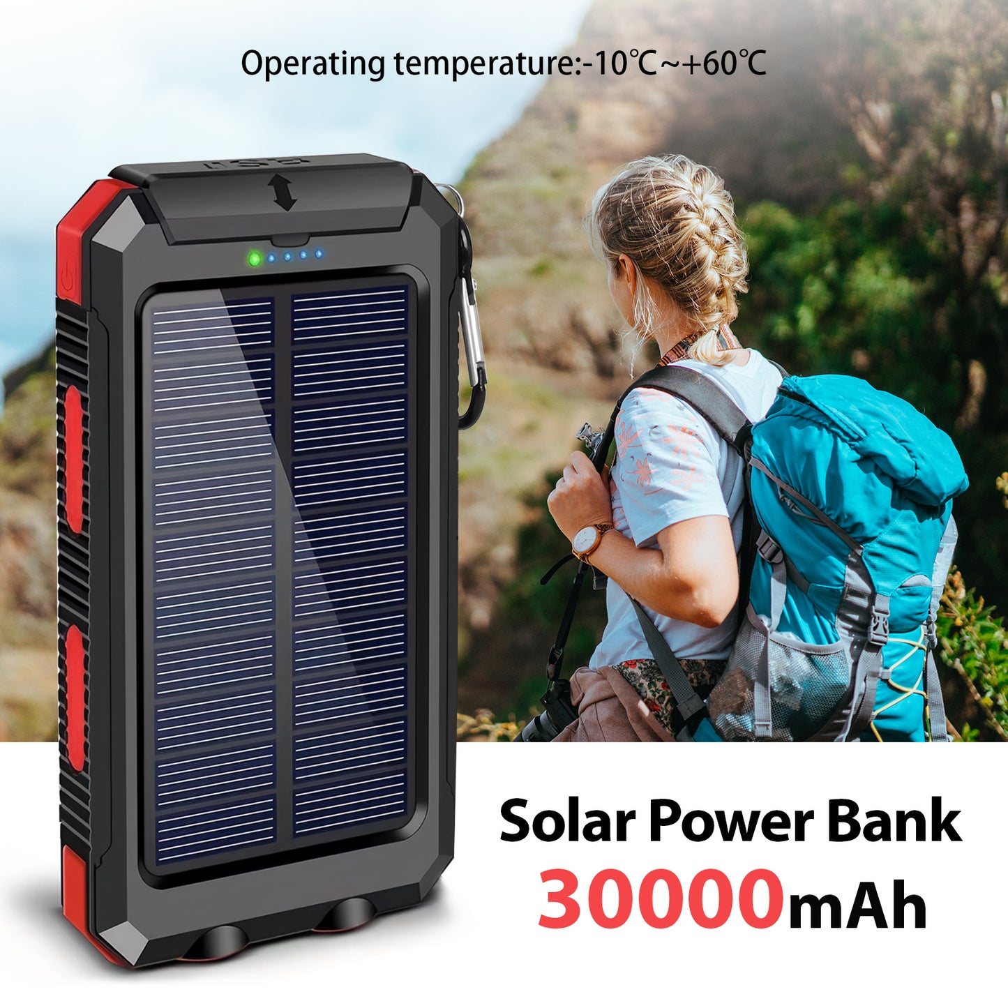 2PK BAOKALER 30000mAh Solar Charger for Cell Phone iPhone, Portable Solar Power Bank with Dual 5V USB Ports, 2 Led Light Flashlight, Compass Battery Pack for Outdoor Camping Hiking(Red)