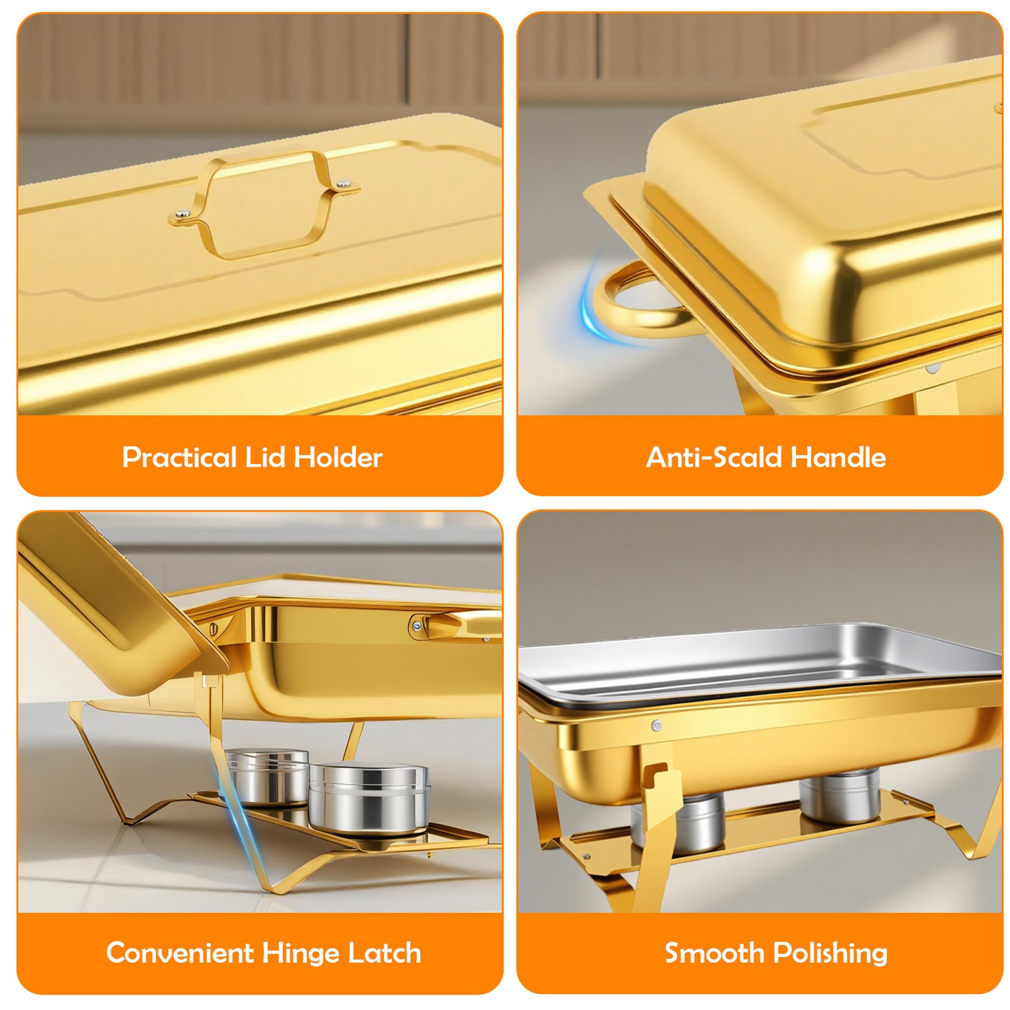 Chafing Dish Buffet Set 6 Pack,9QT Gold Stainless Steel Chafing Dishes for Buffet with Lids&Food Tongs,Food Warmer Set for Parties, Events, Wedding, Camping