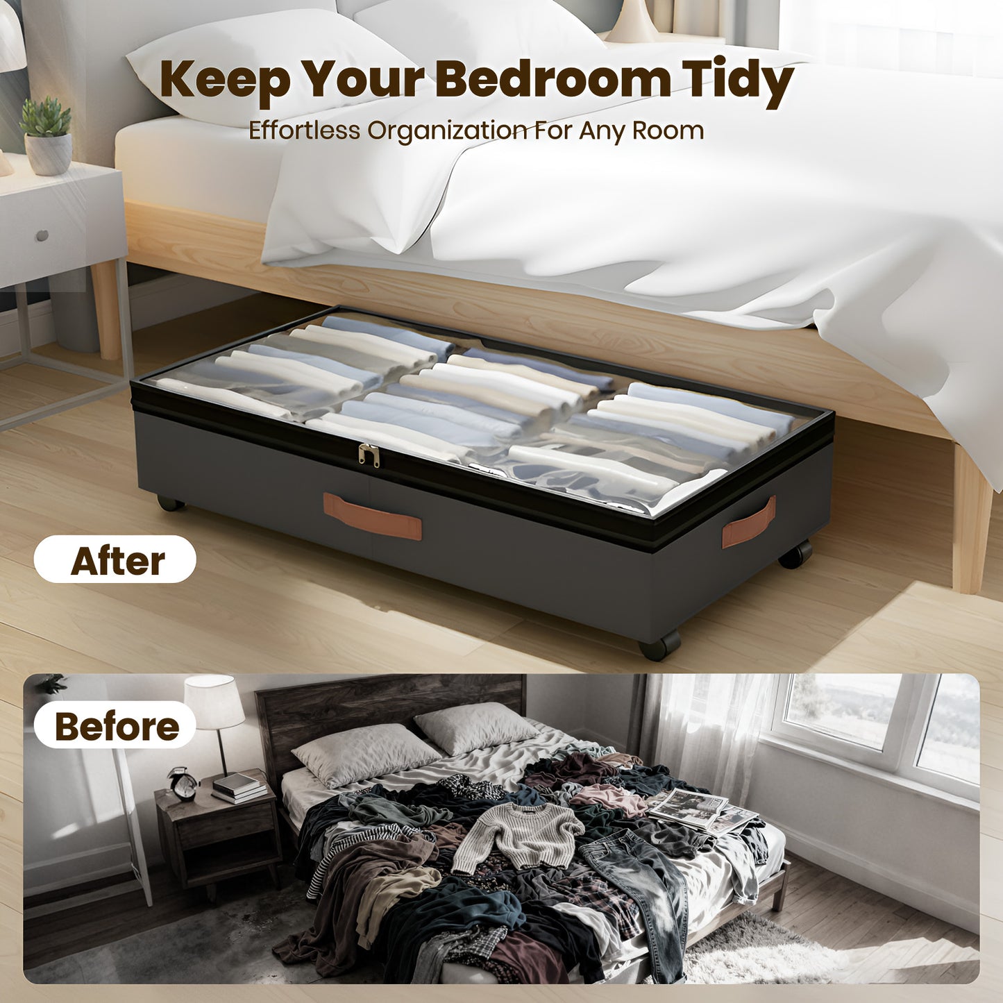 Under Bed Storage with Wheels, 2 Packs Large Underbed Organizer with Lid, 10'' Adjustable Height Shoes Containers Clothes Rolling Bin for Bedroom Dorm, Black