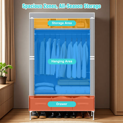 Portable Closet Organizer with 3 Storage Drawers, Non-Woven Fabric Wardrobe Closet Organizers and Storage, Hanging Clothing Rack for Rentals, Dorms, Bedrooms, Light Gray