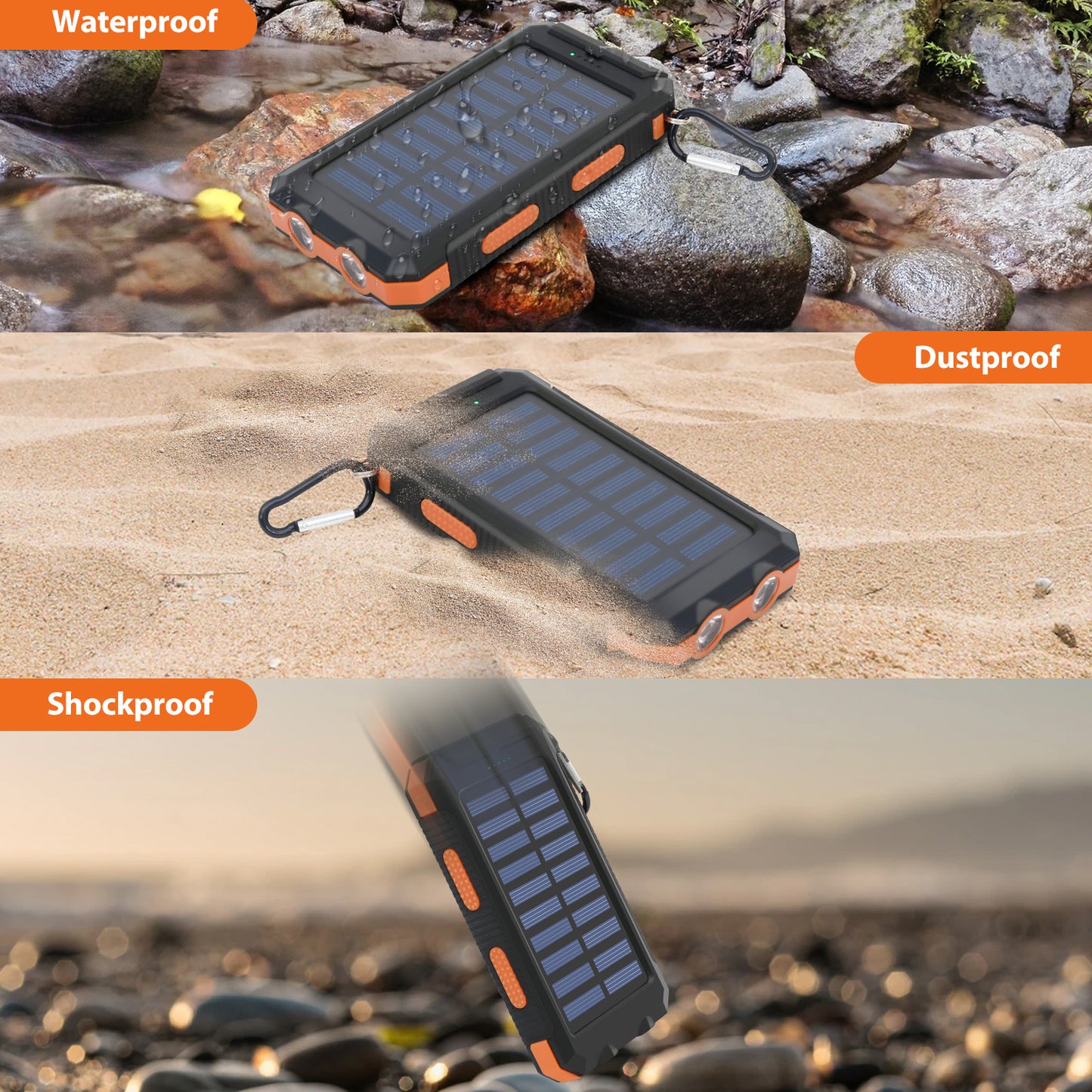 2PK Solar Power Bank, Portable Charger, 20000mAh Solar Charger with LED Flashlight, IP65 Waterproof External Backup Battery Pack Perfect for Camping, Outdoor Activities
