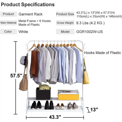 Clothes Rack, Double-Rod Clothing Rack, Garment Rack, For Boxes Shoes Boots Storage, Metal Frame, White