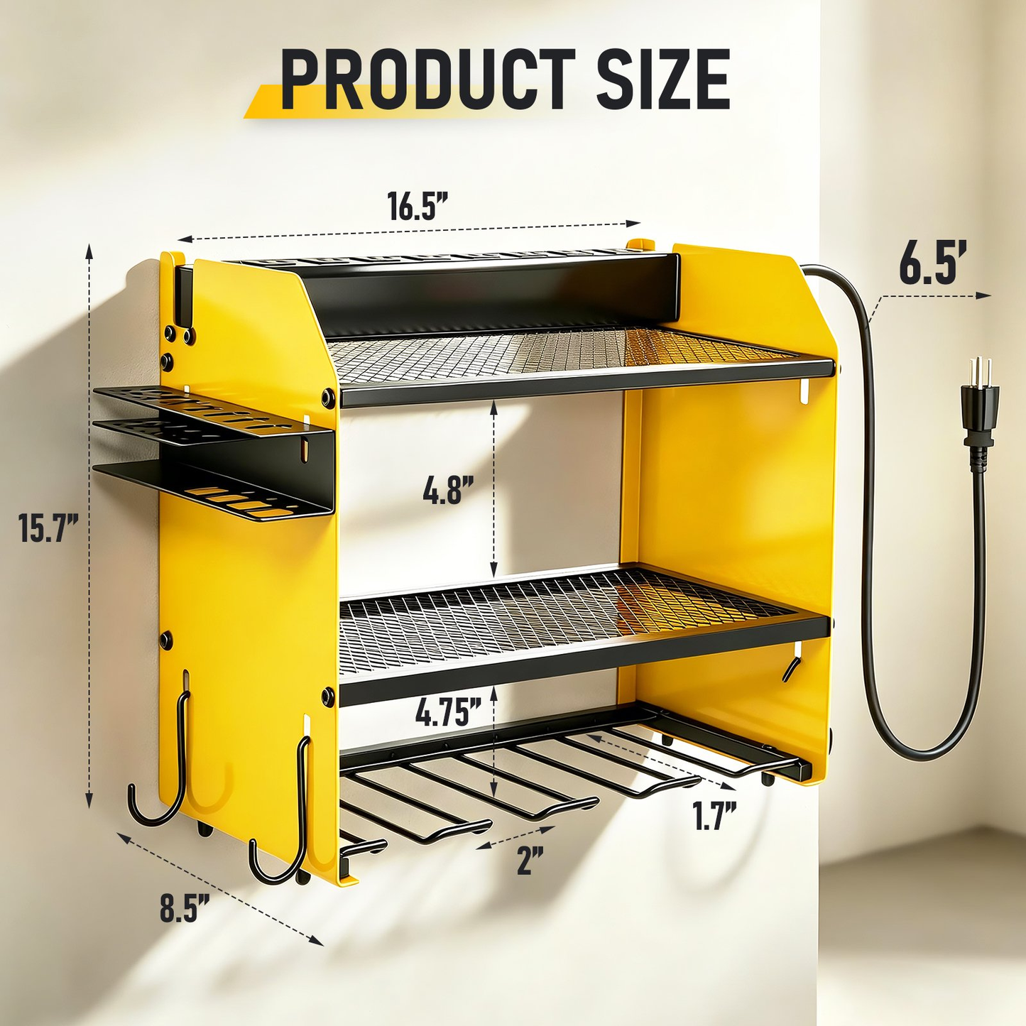 Power Tool Organizer Wall Mount with Charging Station,Tool Storage Rack with 8 Outlet Power Strip, 4 Drill Holder Wall Mount for Garage Organization(Yellow)