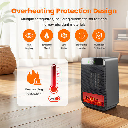 Indoor 1500W 3D Dynamic Flame Tabletop Heater with Safety Protection & Timer, Low-Noise Ceramic Heater Fan for Bedroom, Office, and Indoor Use