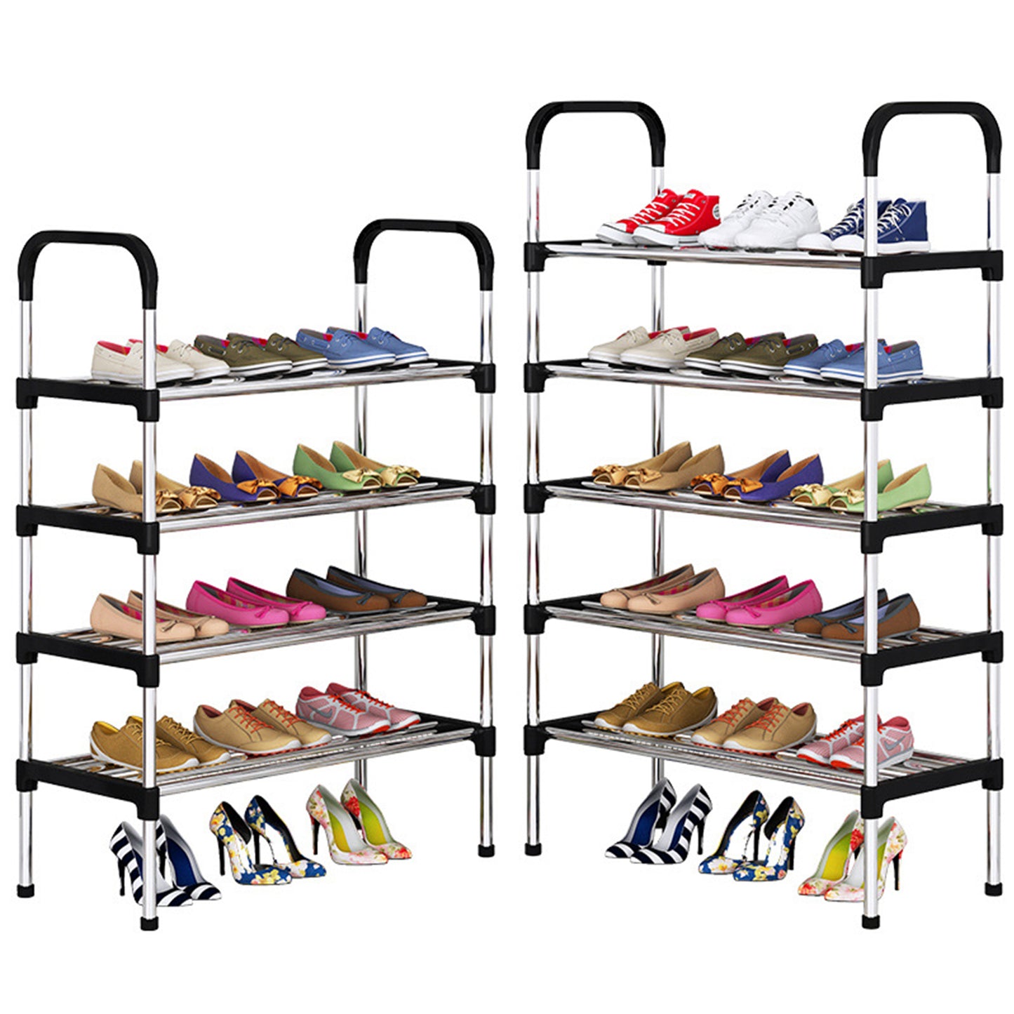 5-Tier Shoe Storage Organizer, Multifunctional Metal Shoe Rack for Entryway, Easy-to-Assemble, Silver and Black