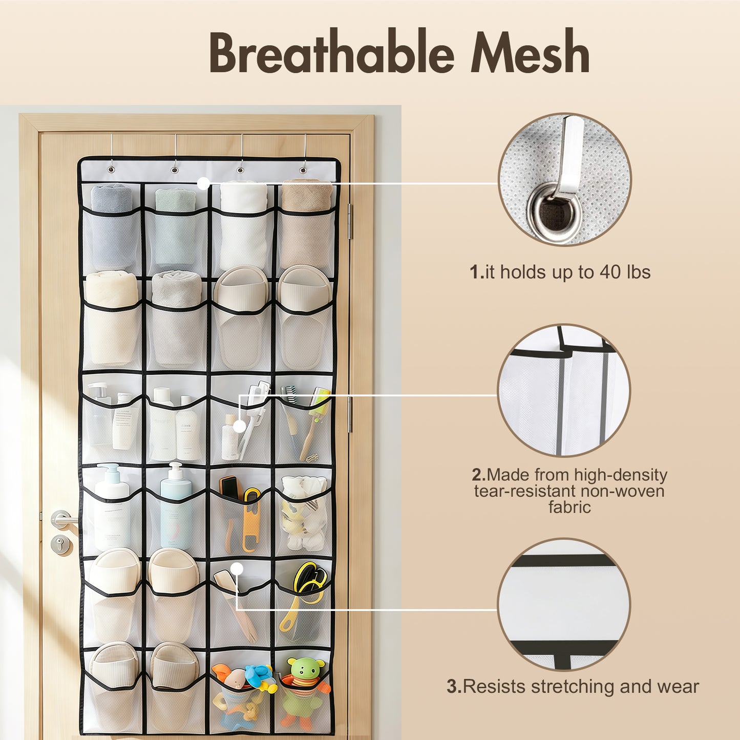 Over The Door Hanging Shoe Organizer, 24 Large Breathable Mesh Pockets, 2 Pack Hanging Shoe Storage Organizer, White