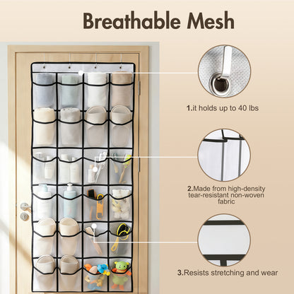 Over The Door Hanging Shoe Organizer, 24 Large Breathable Mesh Pockets, 2 Pack Hanging Shoe Storage Organizer, White