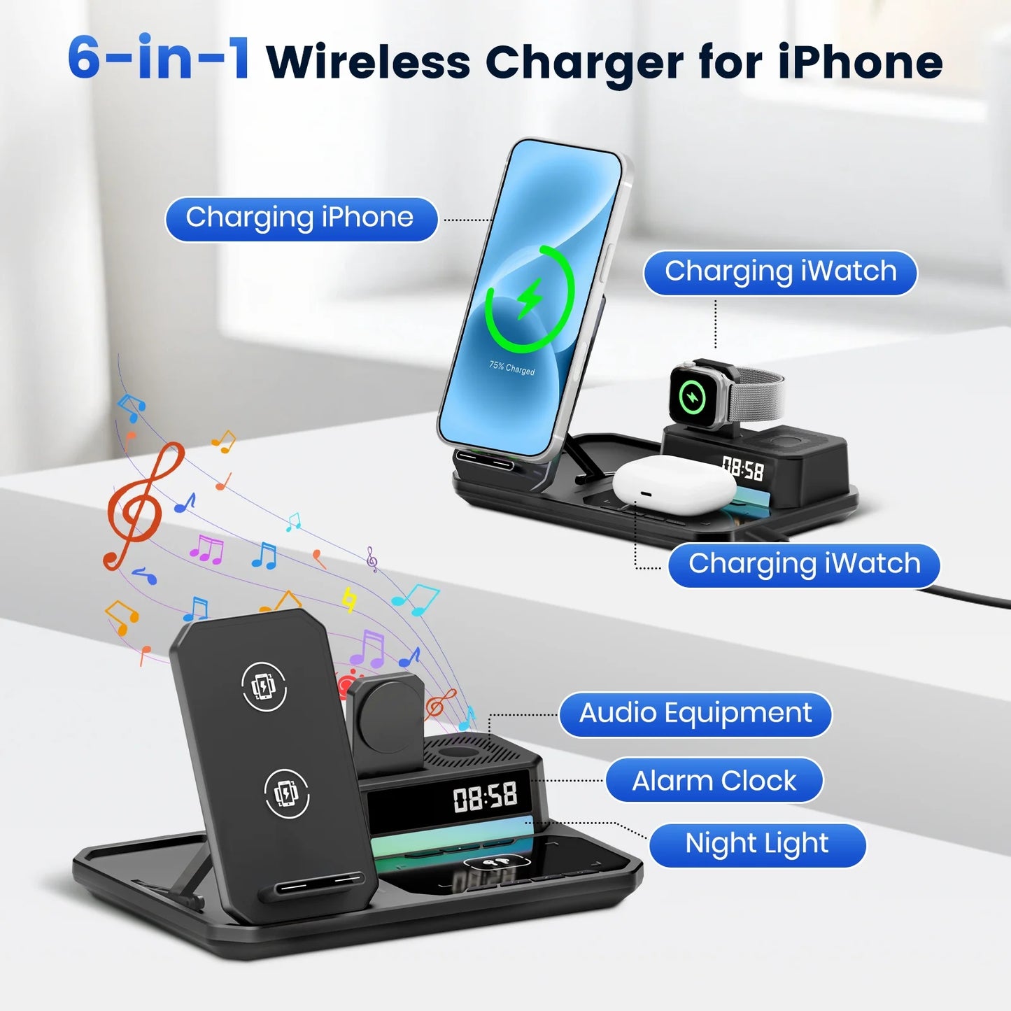 Magnetic Wireless Charger for iPhone,6in1 Portable Charger Phone Charging Station for iPhone 17 16 15 14 13 12 11 Pro Max Apple Watch AirPods,Maggsafe Charger Stand,Black
