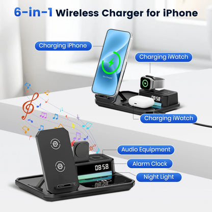 Magnetic Wireless Charger for iPhone,6in1 Portable Charger Phone Charging Station for iPhone 17 16 15 14 13 12 11 Pro Max Apple Watch AirPods,Maggsafe Charger Stand,Black