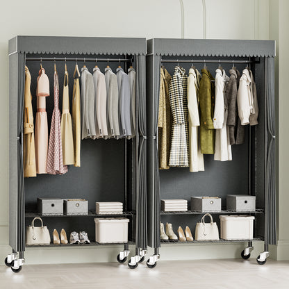 Heavy Duty Clothing Rack with Gray Dust Cover, Max load 300 LBS,Rolling Clothes Rack for Hanging Clothes, Freestanding Garment Rack with 2-Tier Storage Shelf Wheels Hanging Rod Cover, 35.4"x17"x72.4"