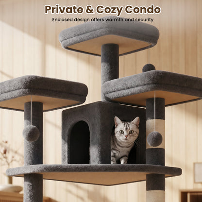 80" Cat Tree Tower, Big Cat Tower for Multiple Adult Cats, Multi-Level Tall Cat Tree with 3 Platforms, 2 Condos, 2 Hanging Basket, Hammock and Scratching Frame for Indoor Kitties, Dark Grey