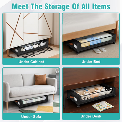 Under Bed Storage with Wheels, Under Bed Storage Containers, Under the Bed Storage Organizer with Clear Lids - Rolling Drawers & Bins for Clothes,Shoes,Toys, 2-Pack (Black)