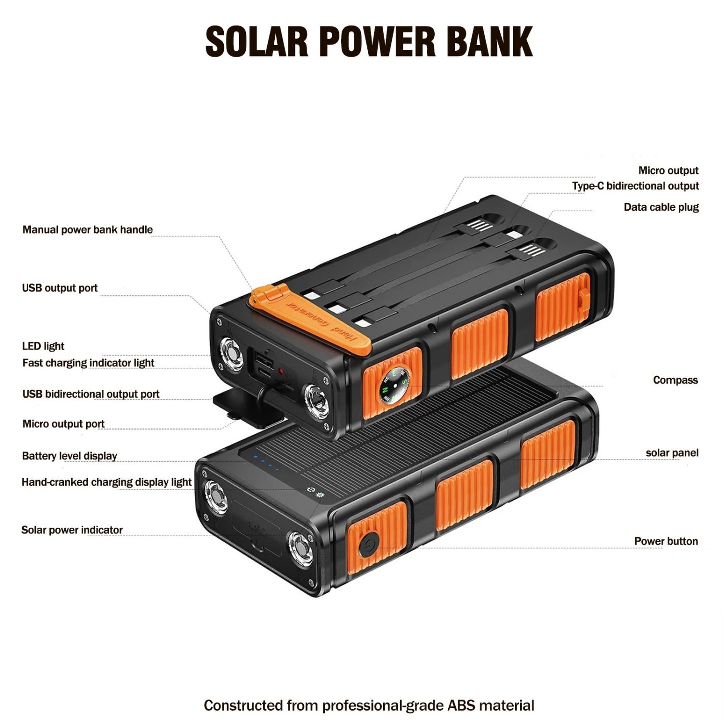 Solar Power Bank, Portable Charger with Dual Output LED Flashlight, Hand Crank Power Bank
