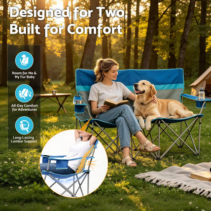 BAOKALER Double Camping Chair for 2 Person, Folding Loveseat Outdoor Chair with 2 Cup Holders, High Back Portable Camping Couch for Beach Picnic, Supports 660 LBS