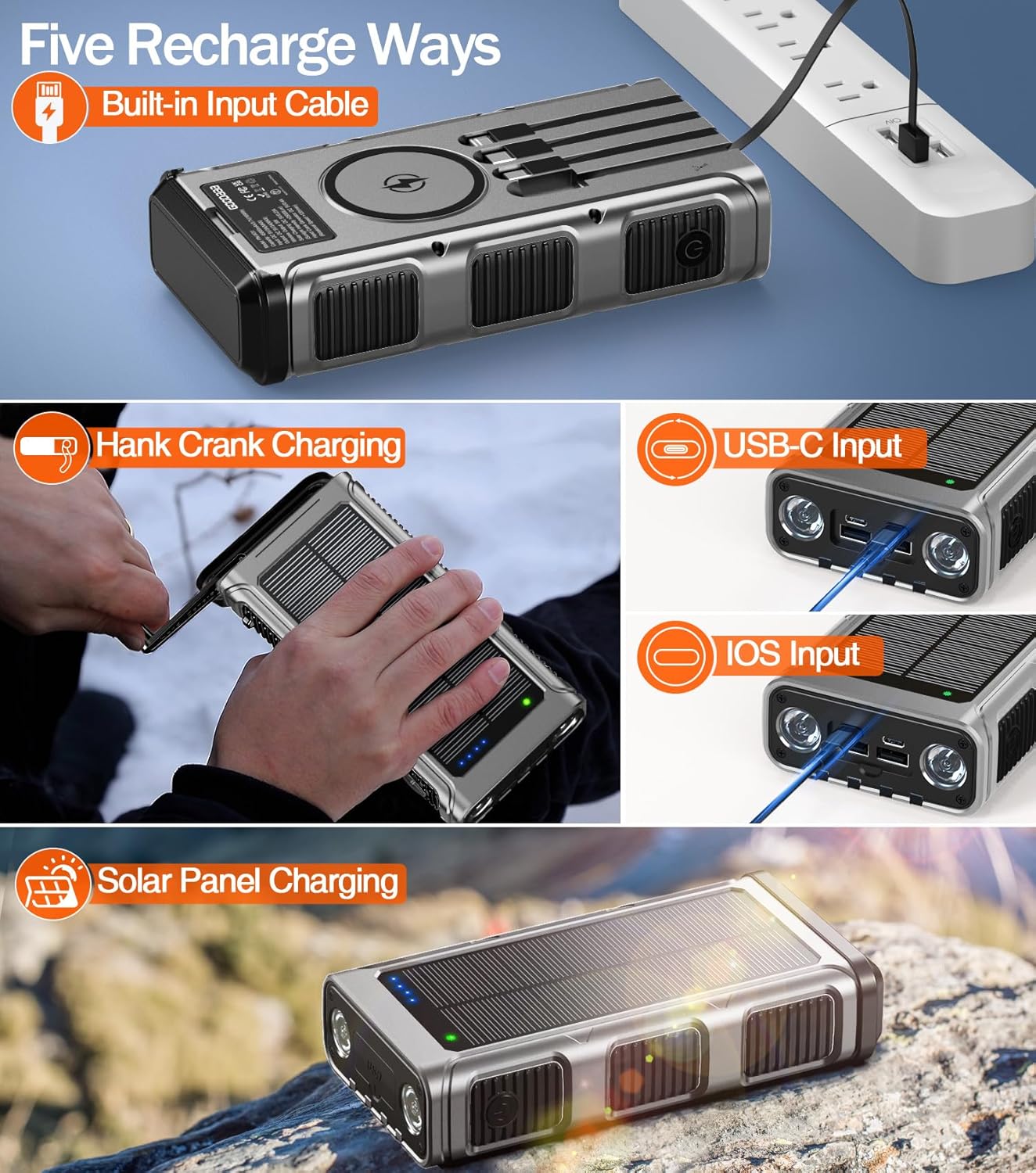 Power Bank Wireless Charger 68800mAh Built in Hand Crank and 4 Cables 15W Fast Charging Power Bank 7 Outputs & 4 Inputs Solar Portable Charger, SOS/Strobe/Strong Flashlights, Compass(Green)