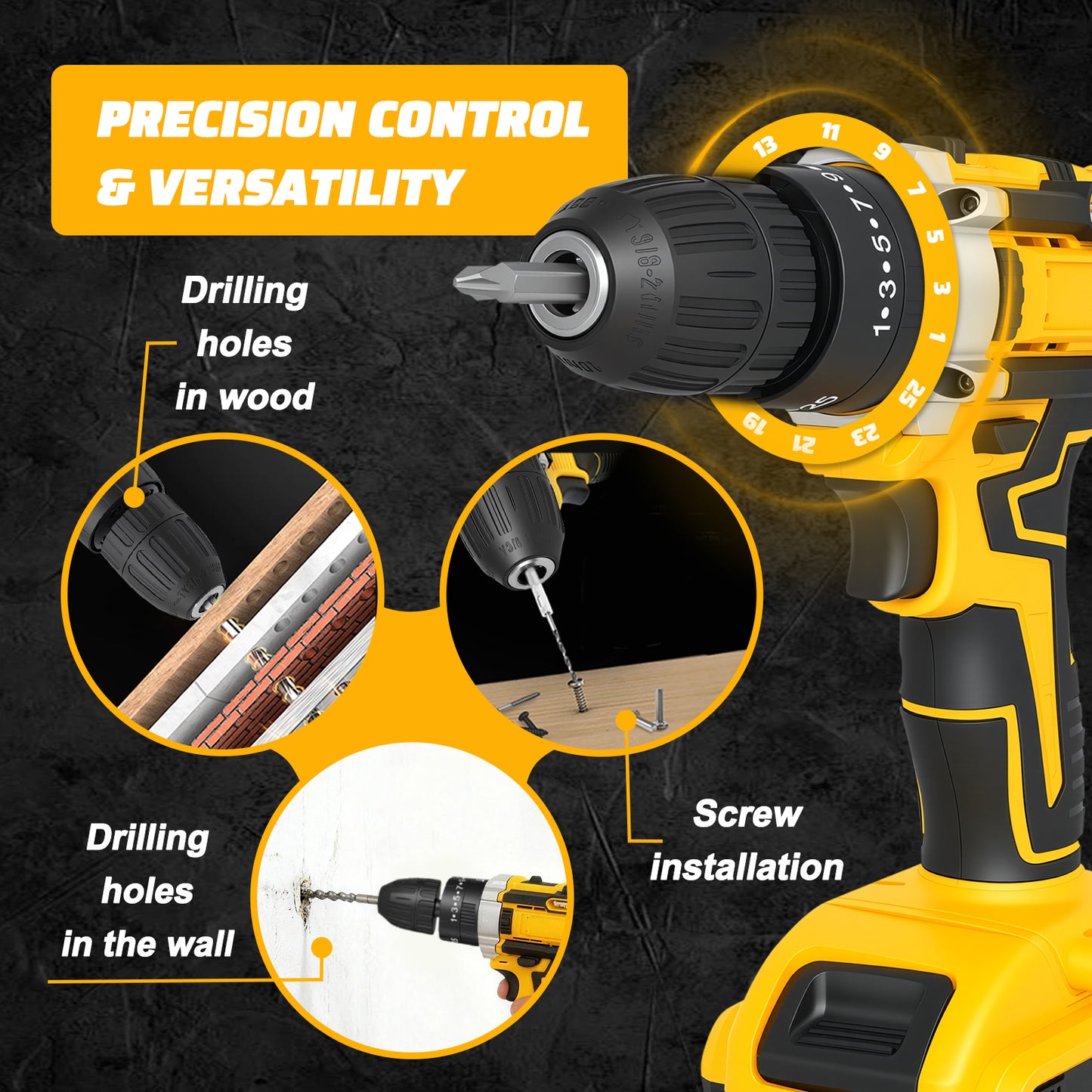 21V Cordless Drill Set, Electric Power Drill 50Nm with 3/8 Inch Keyless Chuck, 25+1 Clutch Compact Driver Drill with Work Light, Dual-Speed Power & 2 Battery and Fast Charger