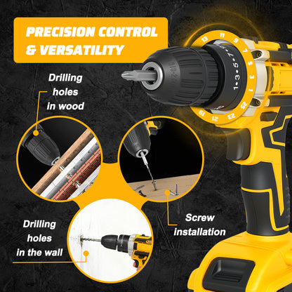 21V Cordless Drill Set, Electric Power Drill 50Nm with 3/8 Inch Keyless Chuck, 25+1 Clutch Compact Driver Drill with Work Light, Dual-Speed Power & 2 Battery and Fast Charger