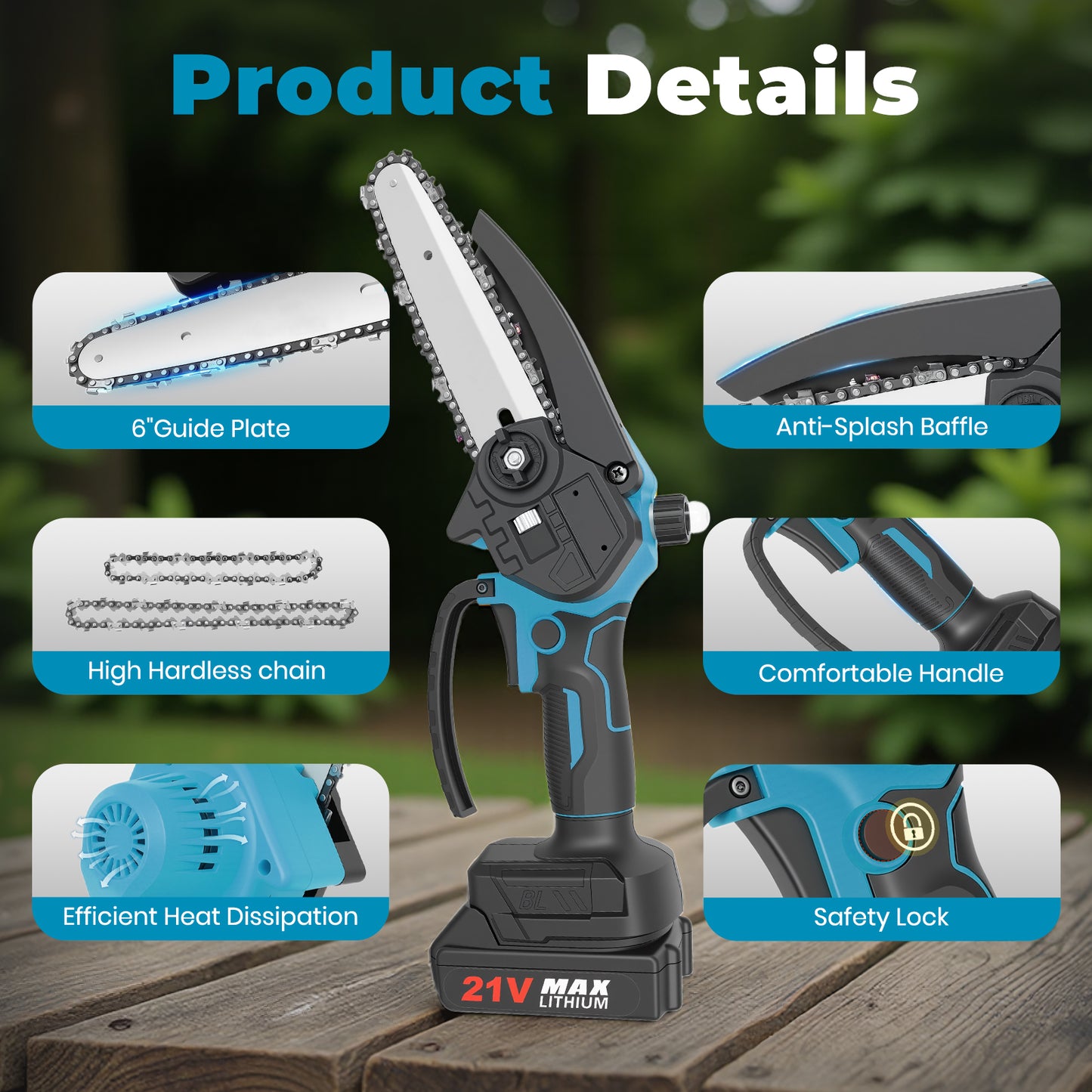 Mini Chainsaw Cordless, 6 inch & 4 inch Portable Electric Chainsaw with 2 Rechargeable Batteries and 3 Chains, for Tree Trimming Wood Cutting, Best Gifts for Father, Dad, Husband, Men, Blue