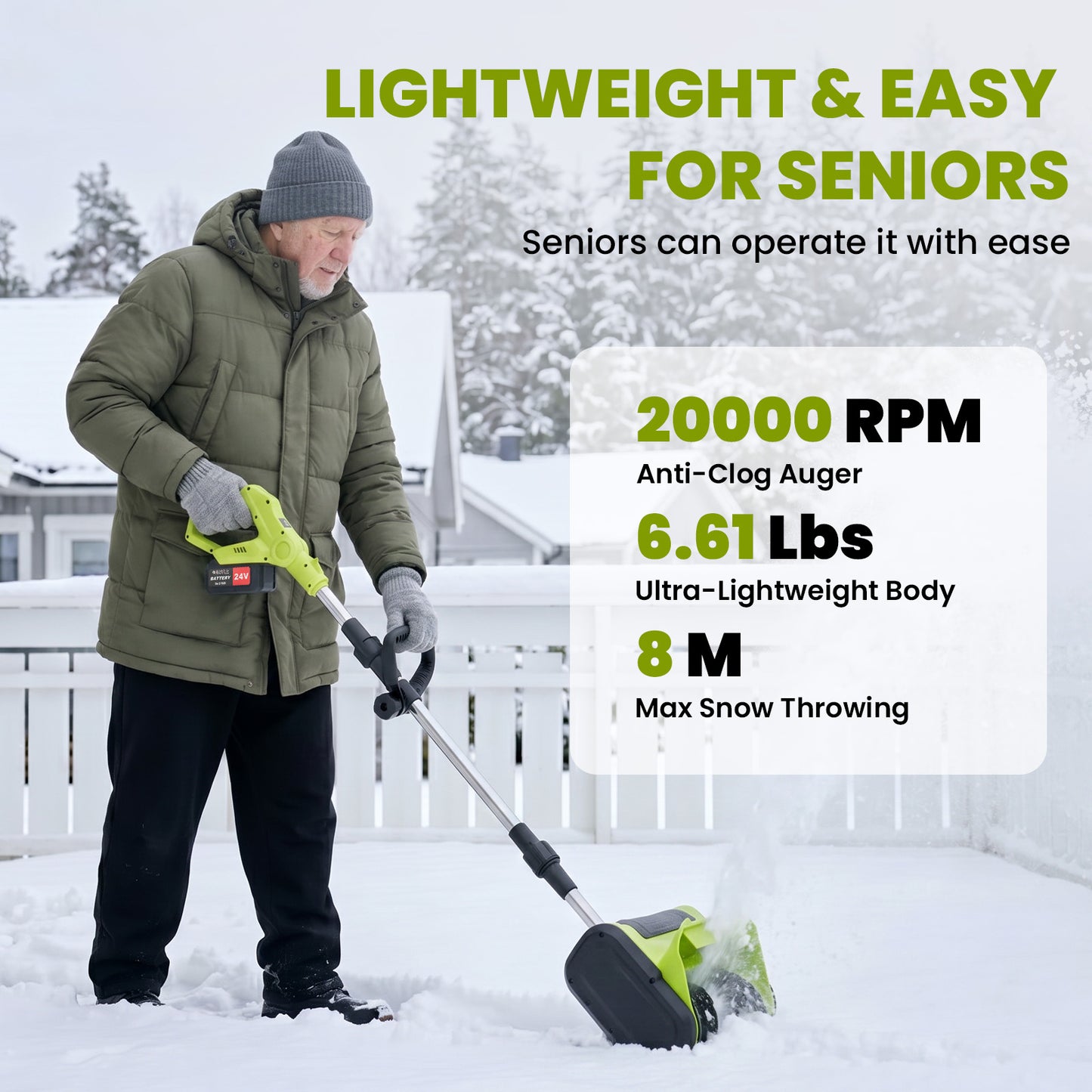 BAOKALER 21V 11inch Cordless Snow Shovel, 6.6lbs Lightweight Electric Snow Blower with 2 x 4.0Ah Battery & Fast Charger for Driveway & Sidewalks,Green