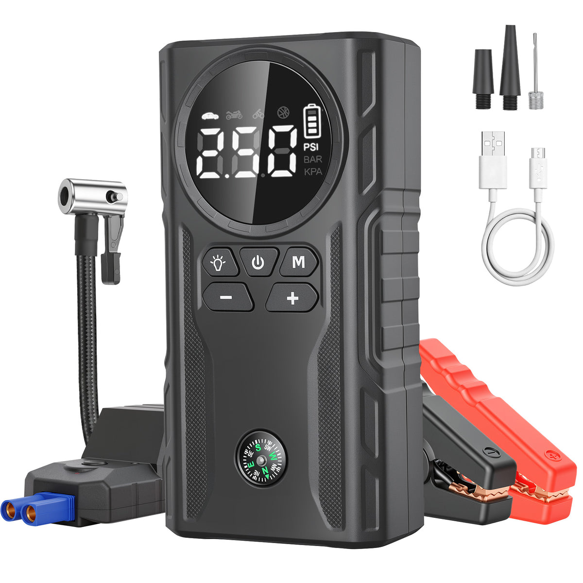 800A Peak Car Battery Jump Starter with Tire Inflator, Portable 6?in?1 Jump Starter with Dual USB Ports & 12V DC Output, 12V Jump Pack with 300?Lumen Tri?Mode SOS LED Light, Black