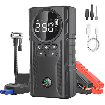 800A Peak Car Battery Jump Starter with Tire Inflator, Portable 6?in?1 Jump Starter with Dual USB Ports & 12V DC Output, 12V Jump Pack with 300?Lumen Tri?Mode SOS LED Light, Black