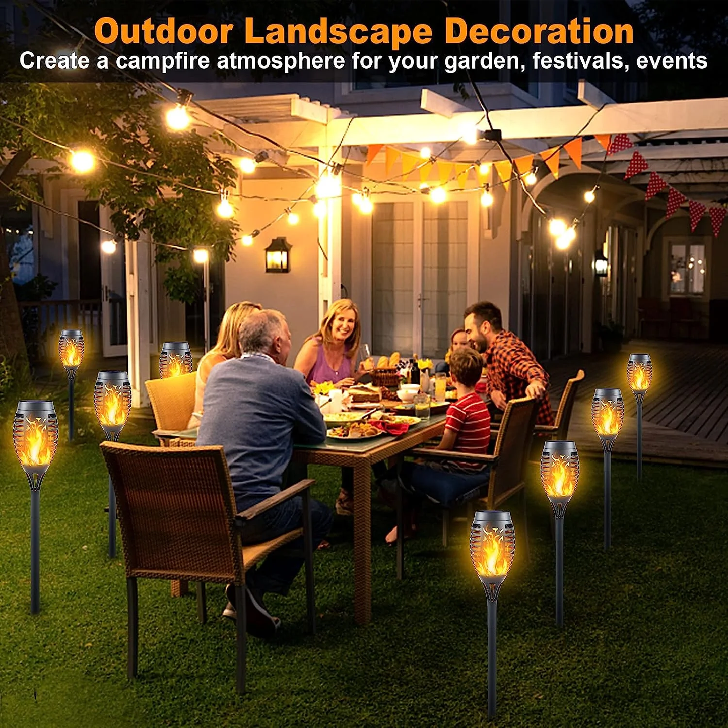 12-Pack Solar Tiki Torch Light with Flickering Flame for Halloween Decorations, Waterproof Outdoor Solar Light Decor for Garden Yard Pathway Patio