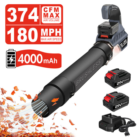 Cordless Leaf Blower with 2X4.0Ah Batteries, 374CFM/180MPH Electric Blower with Brushless Motor, Handheld Leaf Blower for Snow Blowing, Lawn Care, Yard