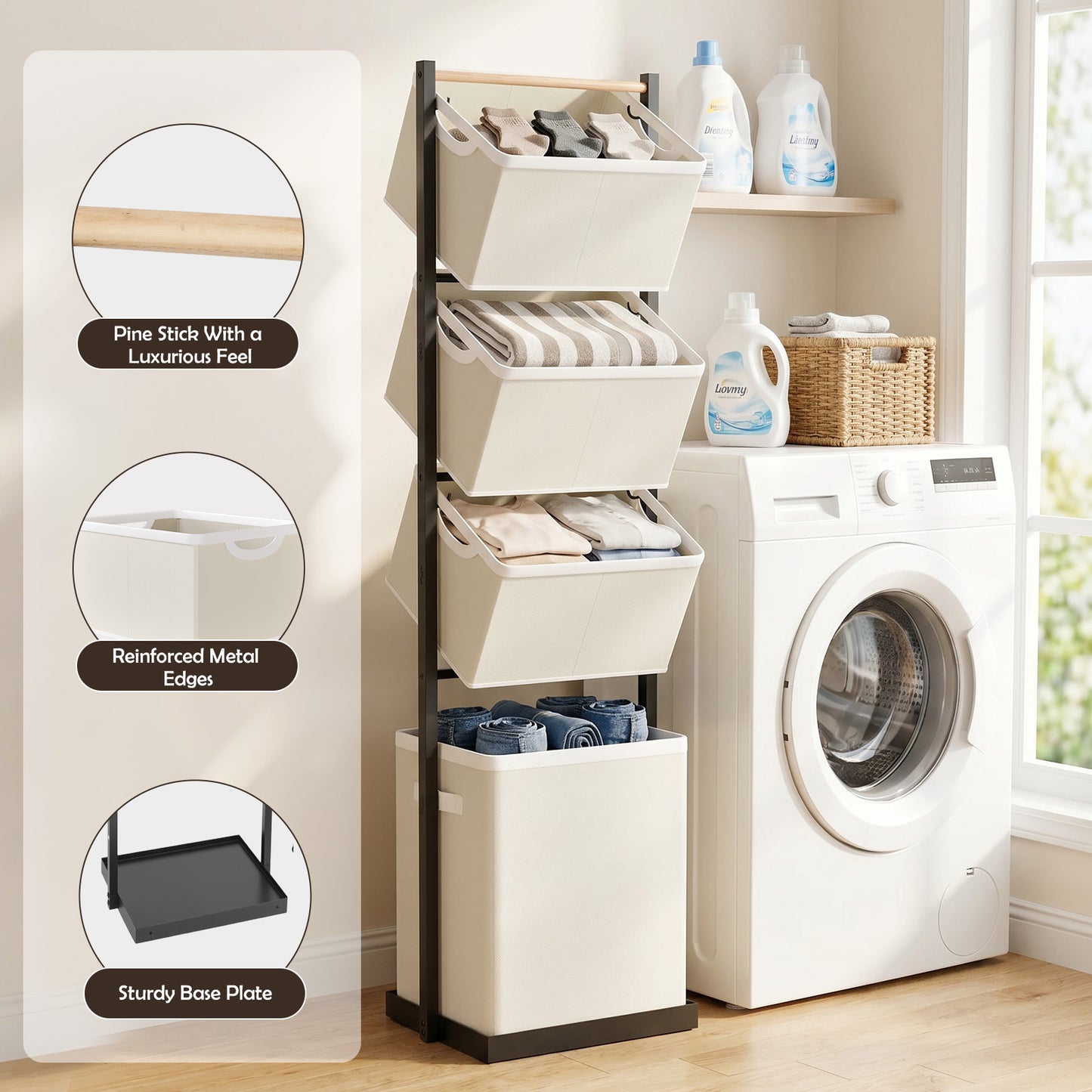 Laundry Hamper, Laundry Basket, 4 Tier Laundry Sorter, Metal Stackable Laundry Basket Organizer with Removable Basket and Removable Bags, 59"x12.6"x15.7" Clothes Organizer Basket, Beige