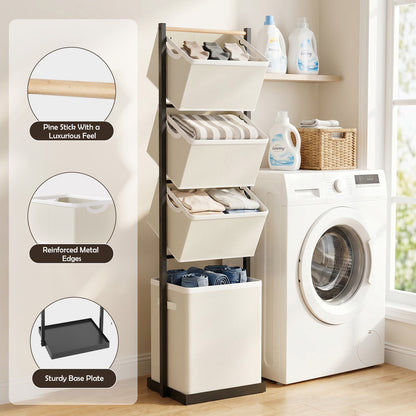 Laundry Hamper, Laundry Basket, 4 Tier Laundry Sorter, Metal Stackable Laundry Basket Organizer with Removable Basket and Removable Bags, 59"x12.6"x15.7" Clothes Organizer Basket, Beige