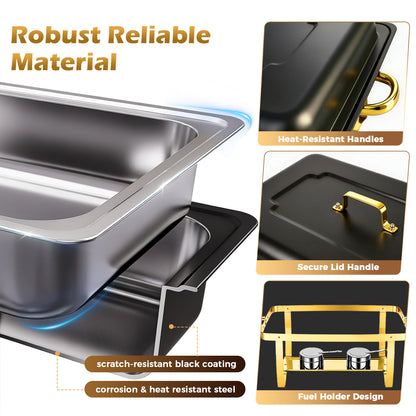 CATGOOD 9QT Black Gold Chafing Dish Buffet Set 2 Pack, Stainless Steel Chafing Dishes for Buffet, Buffet Warmer with Scratch-Resistant Coating, Food Warmers for Parties, Buffet Restaurants