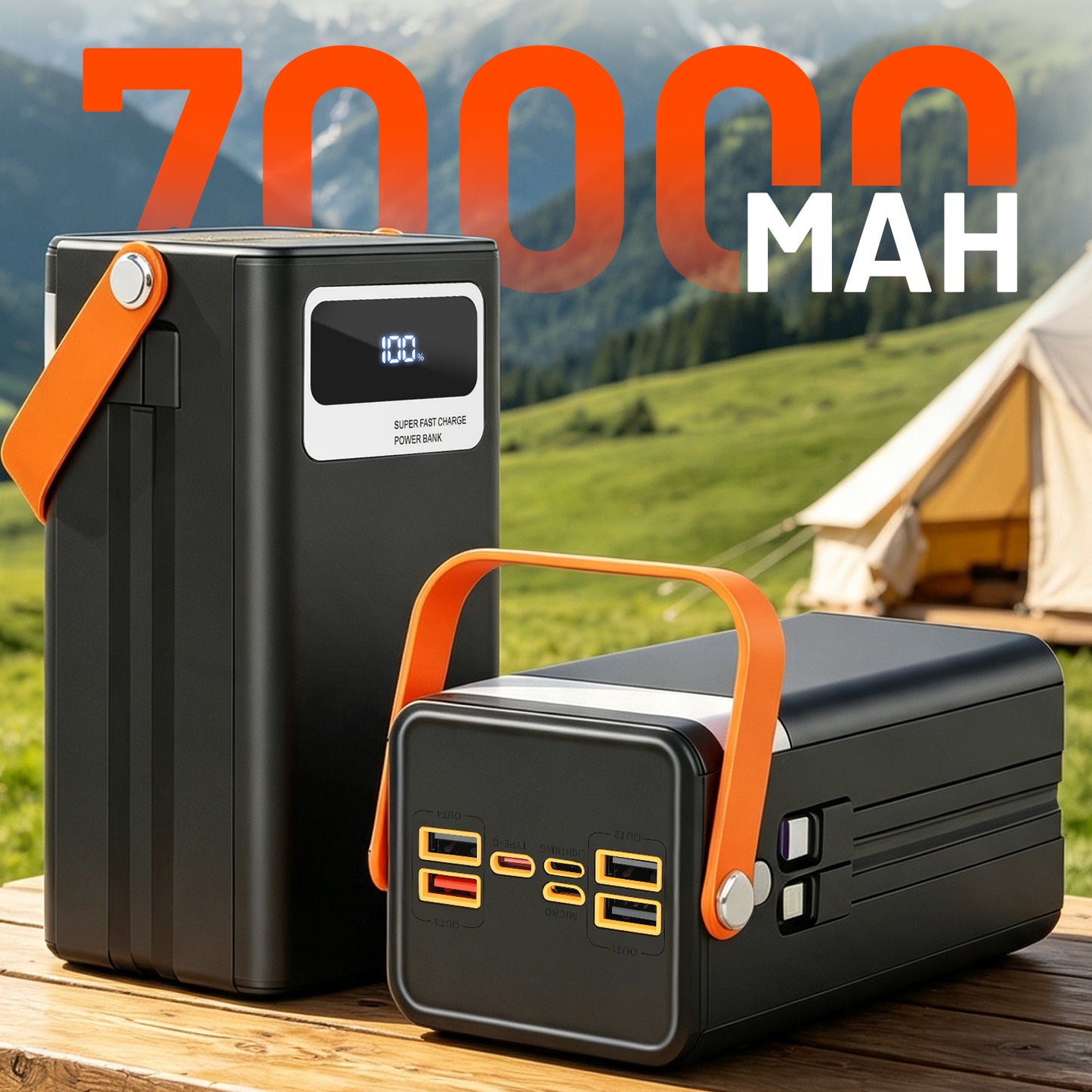 70000mAh Solar Power Bank, 22.5W Fast Charging Power Bank with Dual Built-in Cables, Solar Phone Charger & Solar Battery Charger, 7-Output 3-Input LCD SOS Light for Outdoor Camping (Black)