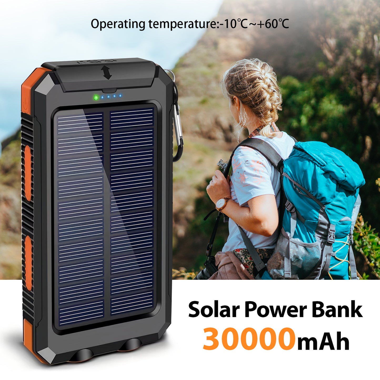 2PK BAOKALER 30000mAh Solar Charger for Cell Phone iPhone, Portable Solar Power Bank with Dual 5V USB Ports, 2 Led Light Flashlight, Compass Battery Pack for Outdoor Camping Hiking(Orange)