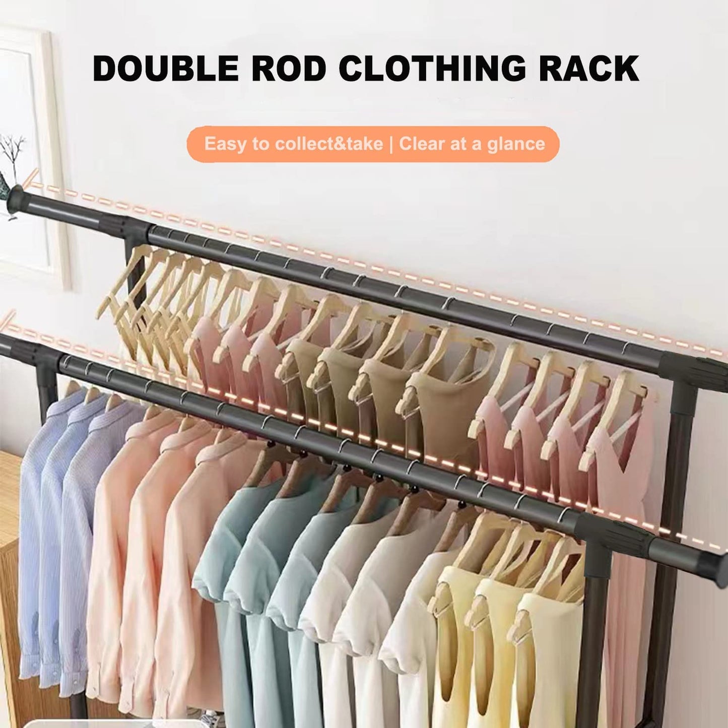 3 Tiers Double rails Hanging Garment rack on Wheels with Bottom Shelves for Shoes, Black