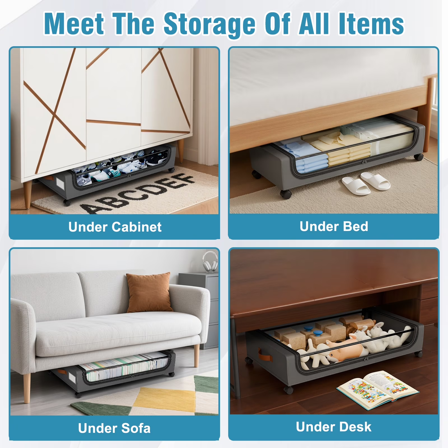 Under Bed Storage with Wheels, 2Pack Under Bed Storage Containers, Under Bed Shoe Storage Organizer, Rolling Under Bed Metal Drawer for Clothes, Blankets,Gary，31 x 17 x 7.2 inches