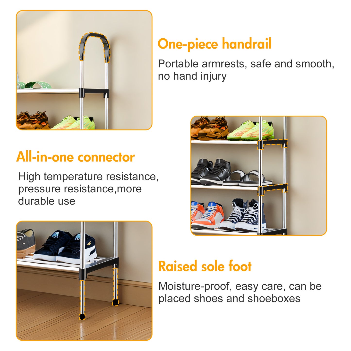 4-Tier Shoe Rack Organizer, Metal Shoe Storage Stand for Entryway, Hallways, Bedrooms, Bathrooms, Offices, and Living Rooms, Silver and Black