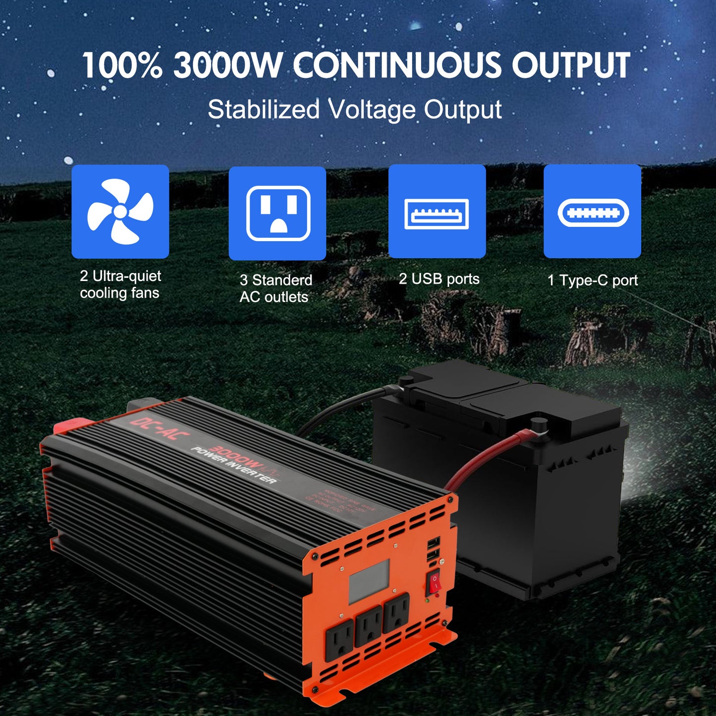 3000 Watt Power Inverter 12V DC to 110V/120V AC Converter Car Inverter with LCD Display