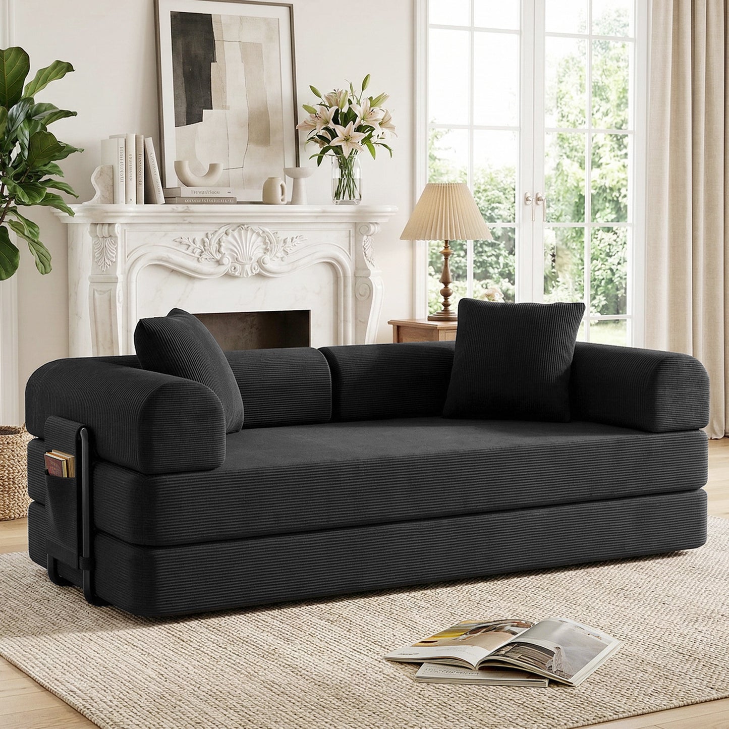 CATGOOD Sectional Couch for Living Room, Convertible Sofa Bed with Soft Corduroy, 78 Inch Modular Futon Couch Free Assembly, Black