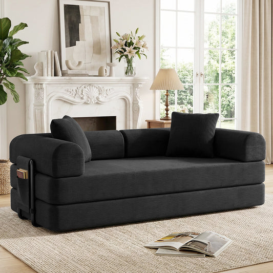 CATGOOD Sectional Couch for Living Room, Convertible Sofa Bed with Soft Corduroy, 78 Inch Modular Futon Couch Free Assembly, Black