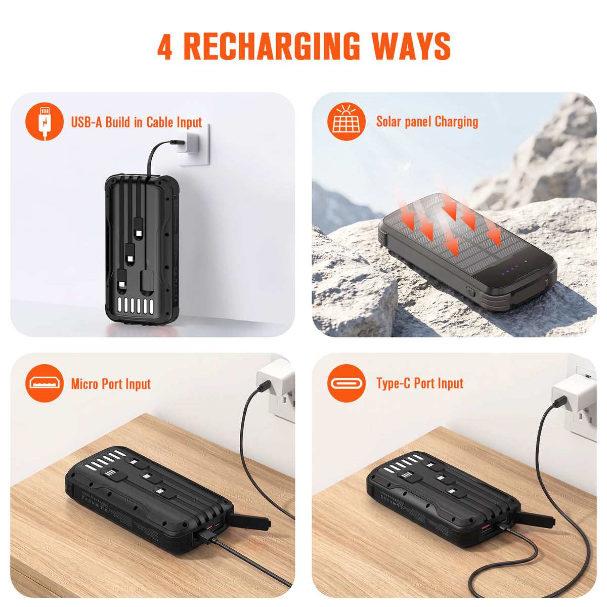 40000mAh Solar Power Bank Black, Portable Charger 20W PD Fast Charging, Solar Charger Power Bank W/4 Built-in Cables & 9 Charging Ways, Waterproof Dual LED Flashlights for Camping Hiking