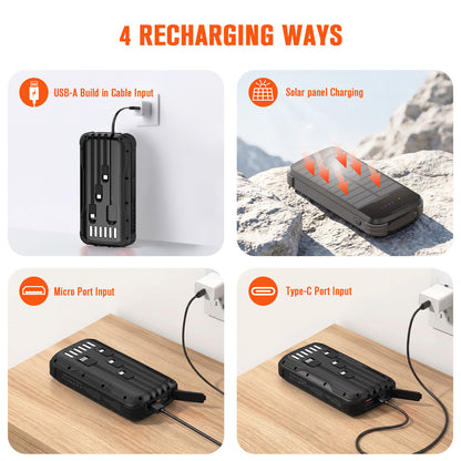 40000mAh Solar Power Bank Black, Portable Charger 20W PD Fast Charging, Solar Charger Power Bank W/4 Built-in Cables & 9 Charging Ways, Waterproof Dual LED Flashlights for Camping Hiking