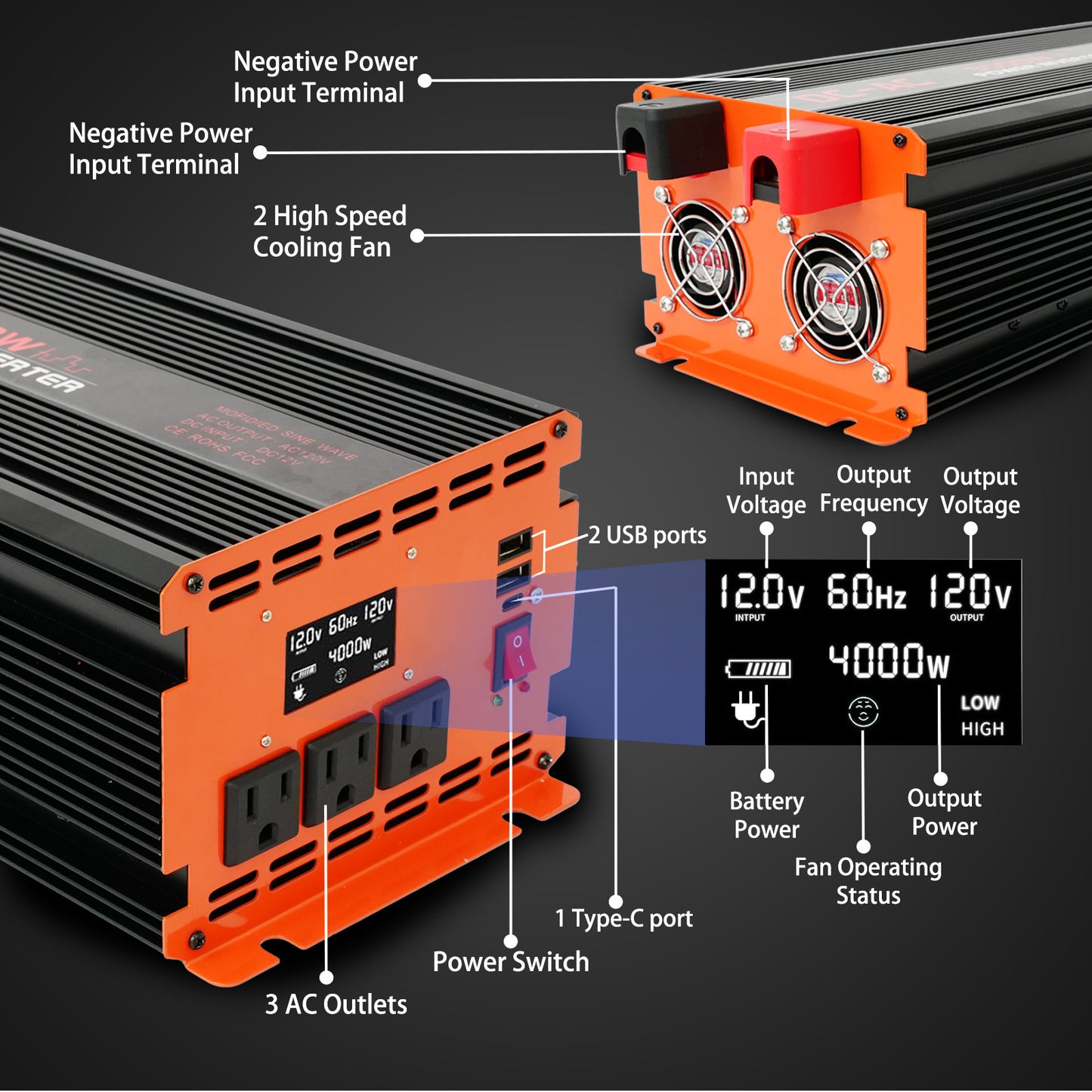 4000 Watt Power Inverter 12V DC to 110V/120V AC Converter Car Inverter with LCD Display