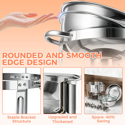 Chafing Dish Buffet Set, 5 Qt 4 Pack, Stainless Steel Chafer with 4 Full Size Pan, Round Catering Warmer Server with Glass Lid Water Pan Folding Stand Fuel Holder, for Wedding Party Banquet