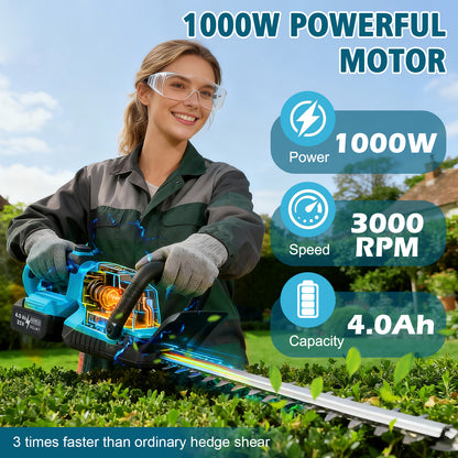 Baokaler 22" Cordless Hedge Trimmer, 21V Dual Action Blade Electric Bush Shrub Trimmer, 4.0Ah Battery & Charger, Blue
